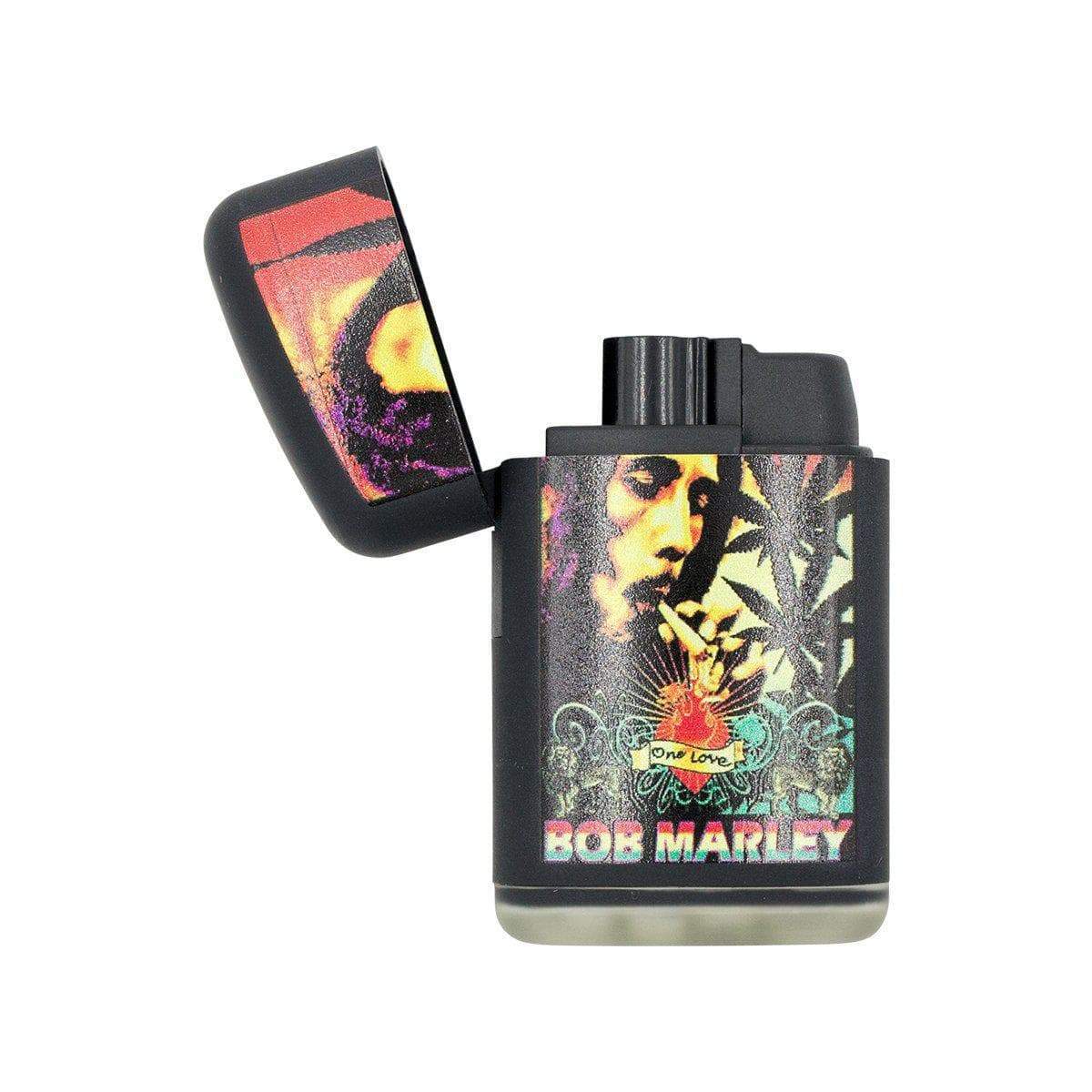 Compact flip top mini torch lighter reggae style Bob Marley smoking, One Love logo, Bob Marley smoking quote weed leaves