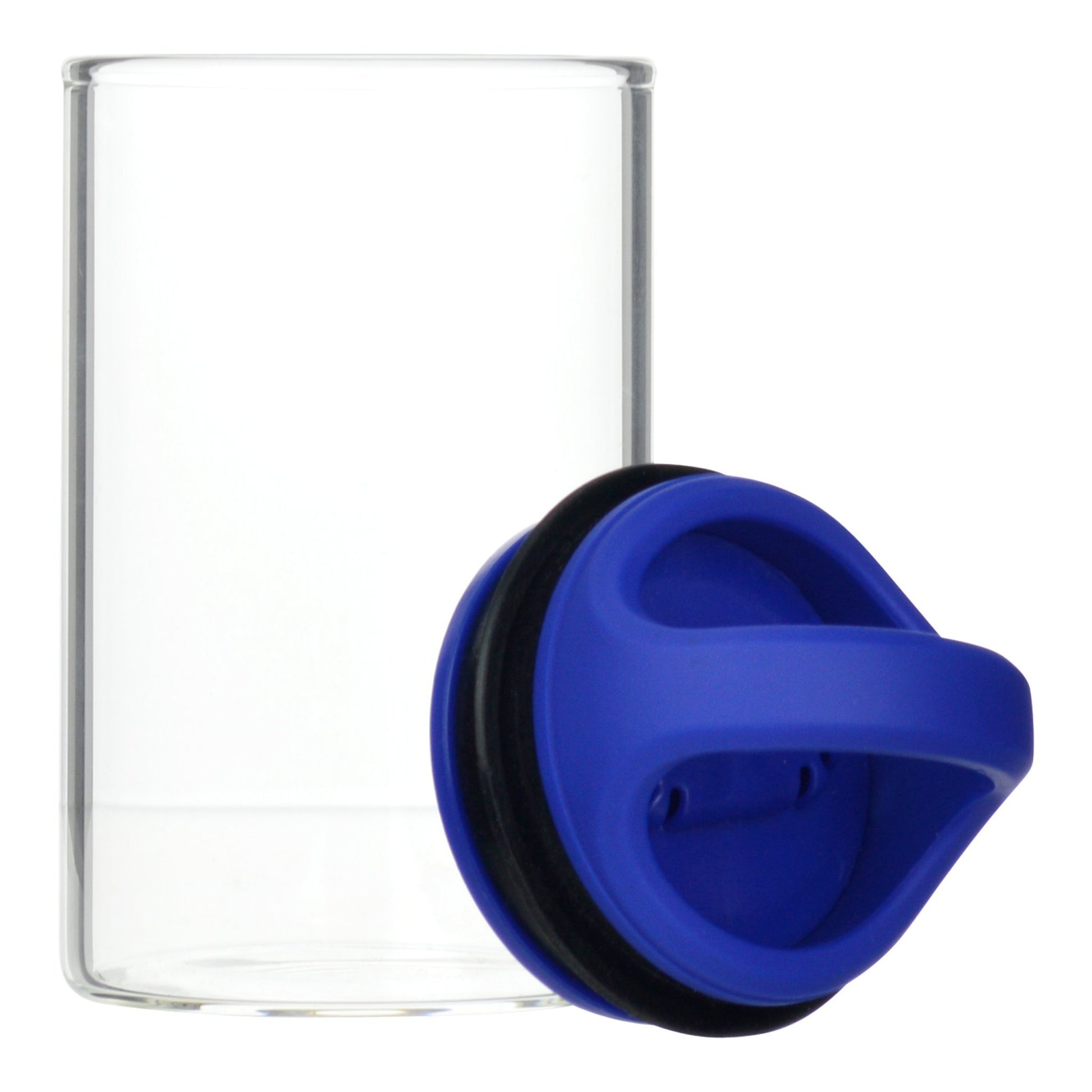 Opened Blue clear glass stash jar storage container vacuum seal easy-to-carry with curved handle