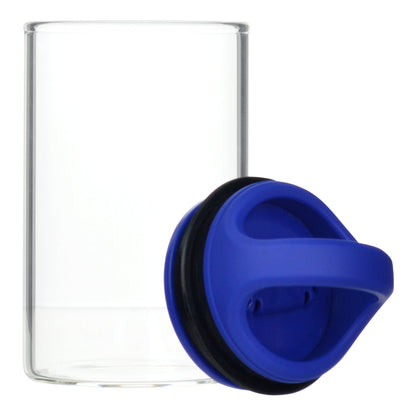 Opened Blue clear glass stash jar storage container vacuum seal easy-to-carry with curved handle