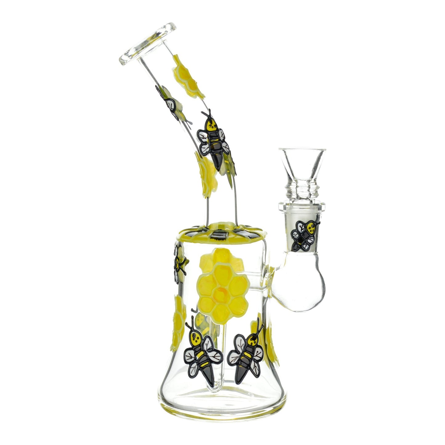 Full shot glass bong smoking device yellow flowers honeybee mouthpiece facing left bowl facing right