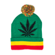 Beanie cap fashion item apparel with a funky weed leaf design in reggae rasta colors with pompom
