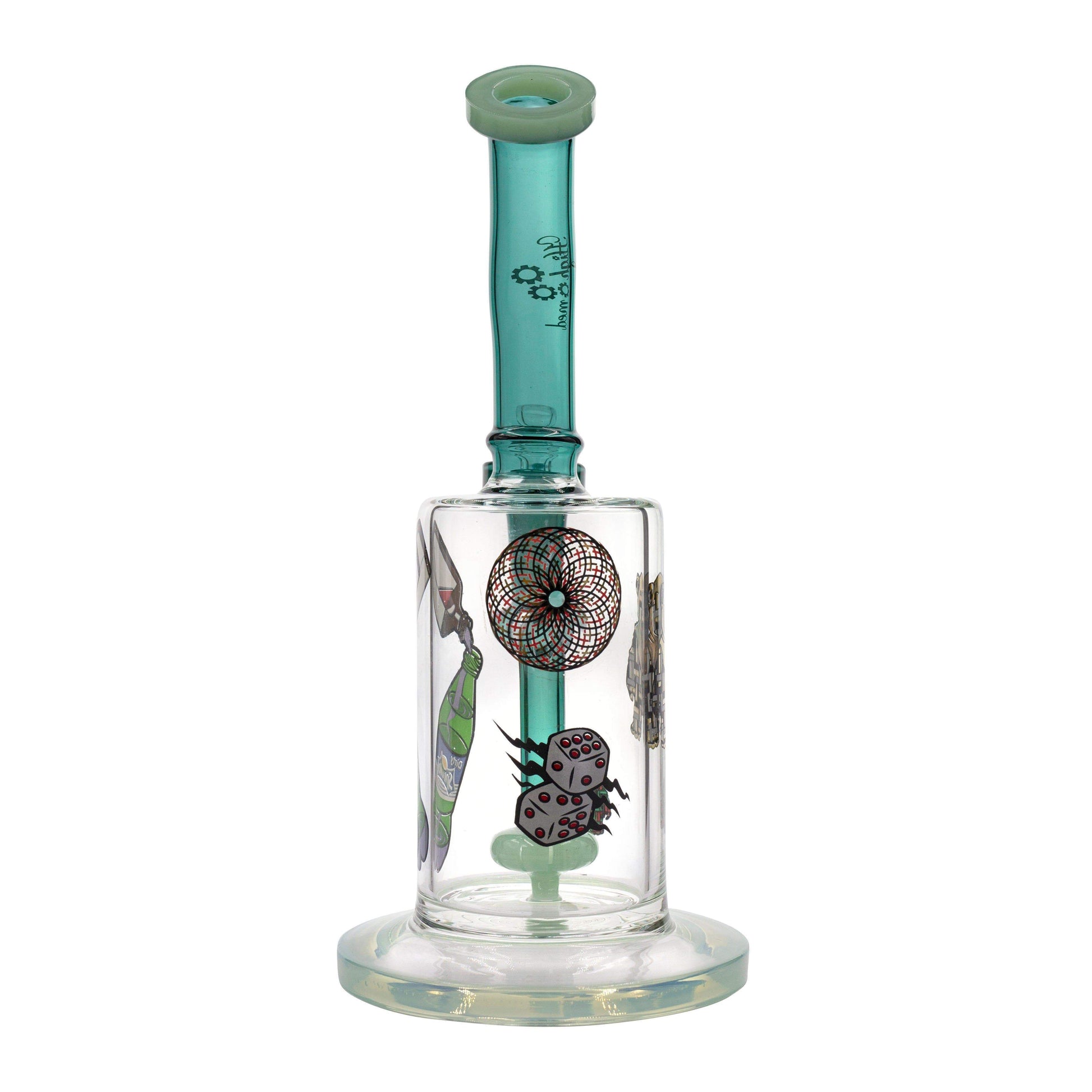 9-inch glass bong smoking device built in splashguard with a Grizzly Bong graffiti style design