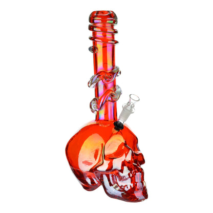 Full shot of 14-inch iridescent red glass bong spiral mouthpiece skull shaped chamber skull slightly facing right