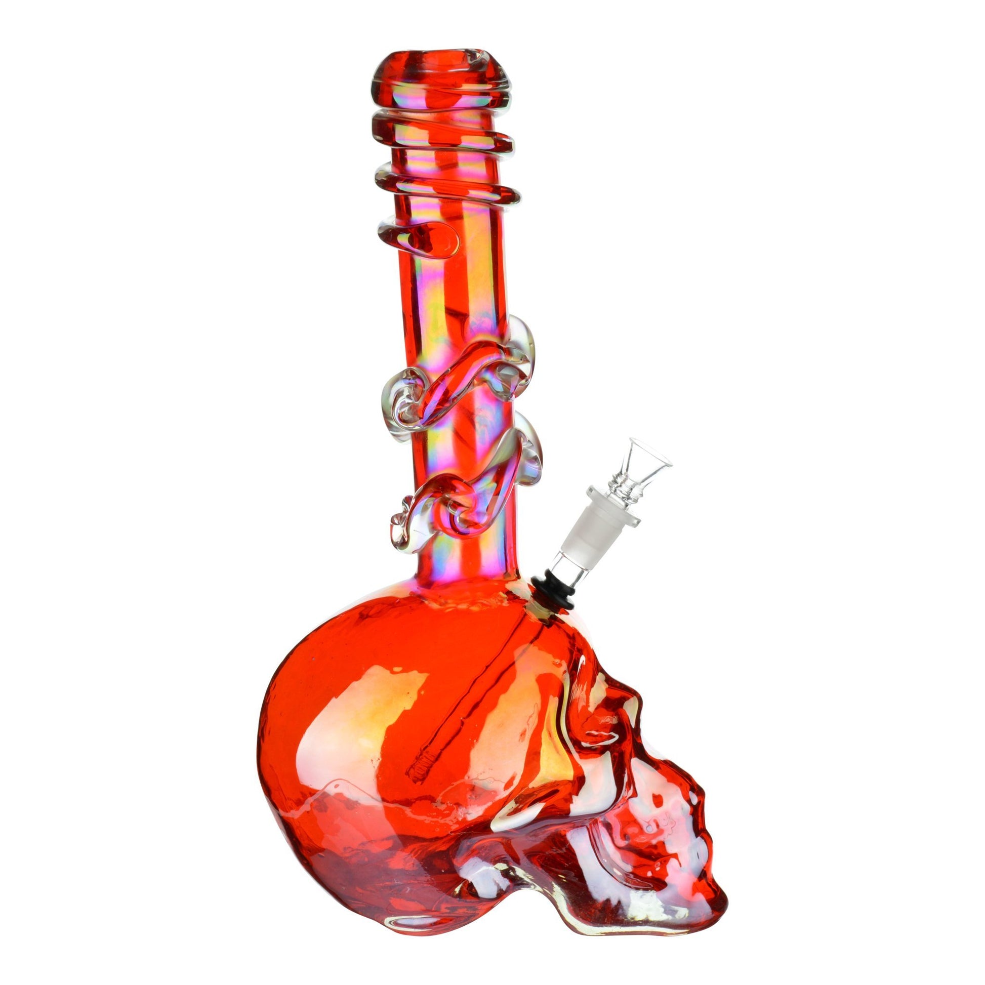 Full front shot of 14-inch iridescent red glass bong spiral mouthpiece skull shaped chamber skull facing right