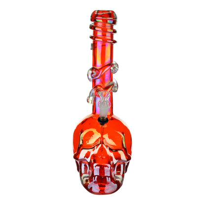 Full front shot of 14-inch iridescent red glass bong spiral mouthpiece skull shaped chamber skull facing front