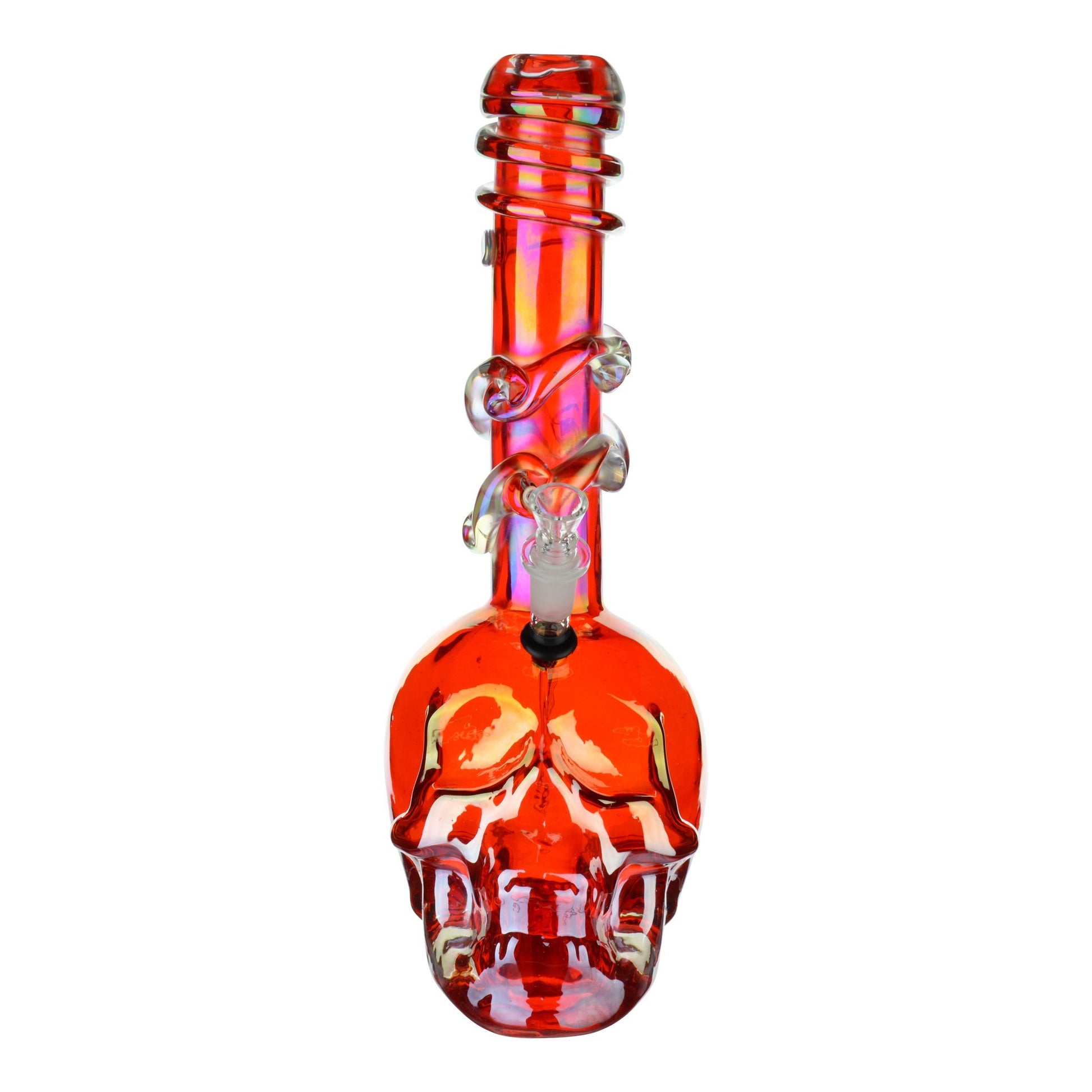 Full front shot of 14-inch iridescent red glass bong spiral mouthpiece skull shaped chamber skull facing front