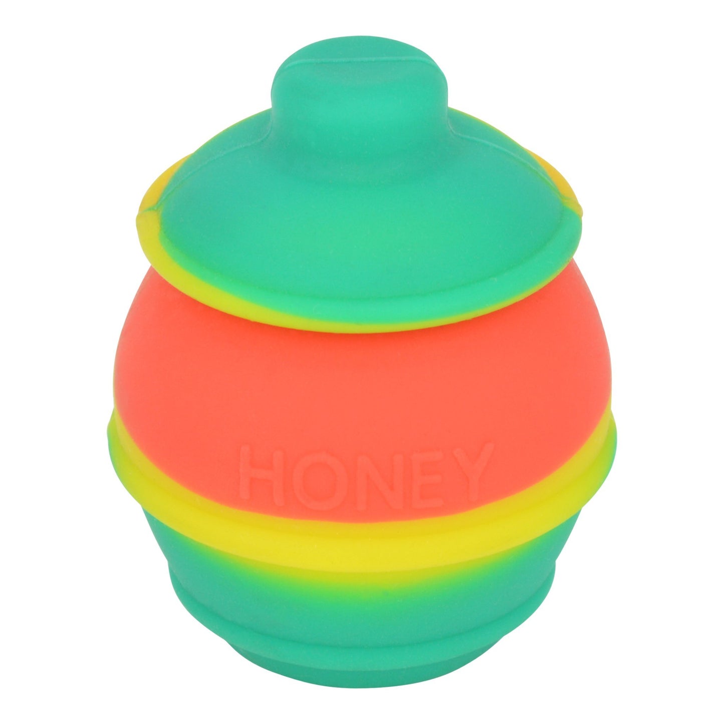 High angle front shot of rasta honey pot silicone wax container green, yellow, orange colors honey word in front