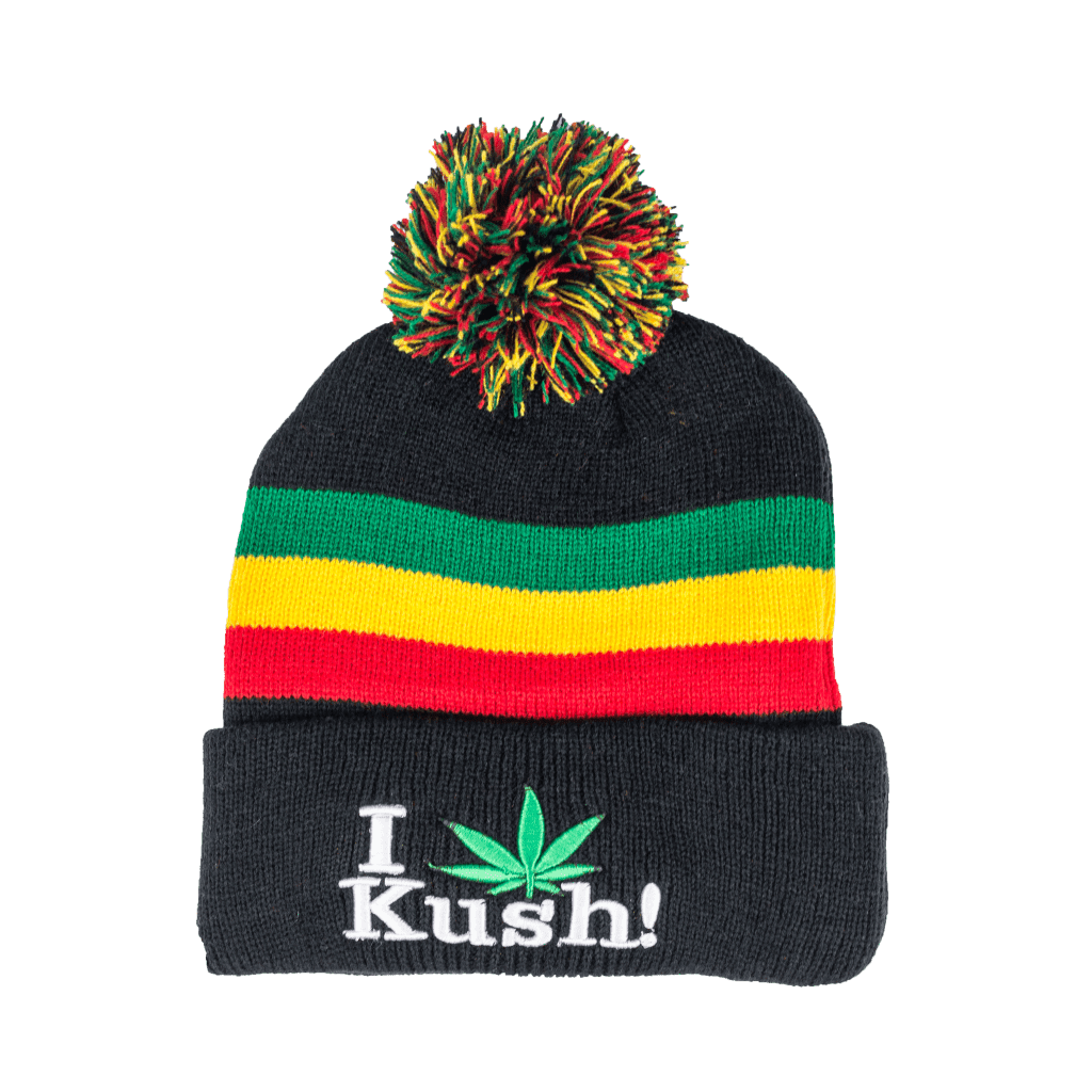 Beanie cap fashion item apparel with I Love Kush weed leaf design in funky rasta colors with pompom