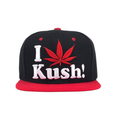 Dope snapback cap fashion item apparel I Love Weed wording beside a weed leef pot design in Black and Red