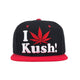 Dope snapback cap fashion item apparel I Love Weed wording beside a weed leef pot design in Black and Red