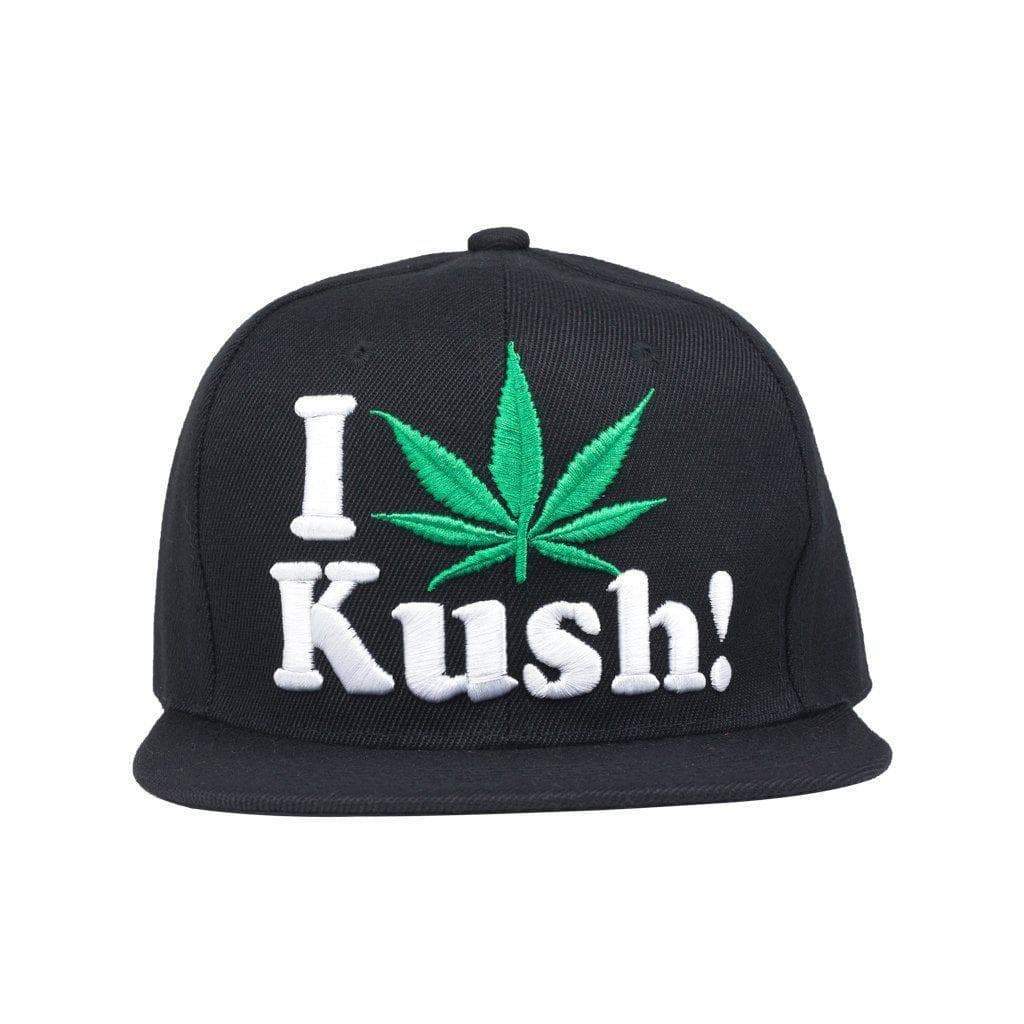 Dope snapback cap fashion item apparel I Love Weed wording beside a weed leef pot design in Black and Green