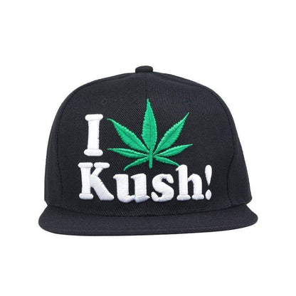 Dope snapback cap fashion item apparel I Love Weed wording beside a weed leef pot design in Black and Green