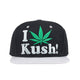 Dope snapback cap fashion item apparel I Love Weed wording beside a weed leef pot design in Black and Green