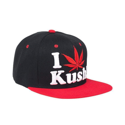 Dope snapback cap fashion item apparel I Love Weed wording beside a weed leef pot design in Black and Red