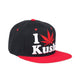 Dope snapback cap fashion item apparel I Love Weed wording beside a weed leef pot design in Black and Red