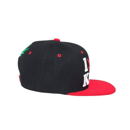 Cool snapback cap fashion item apparel with an I Love Kush wording beside weed leef pot design bold vibrant colors