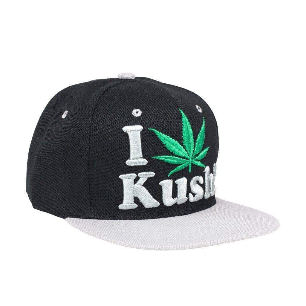 Cool snapback cap fashion item apparel with an I Love Kush wording beside weed leef pot design bold vibrant colors