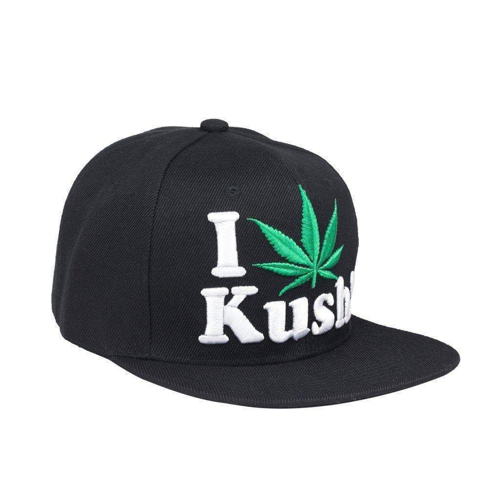 Cool snapback cap fashion item apparel with an I Love Kush wording beside weed leef pot design bold vibrant colors