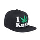 Cool snapback cap fashion item apparel with an I Love Kush wording beside weed leef pot design bold vibrant colors