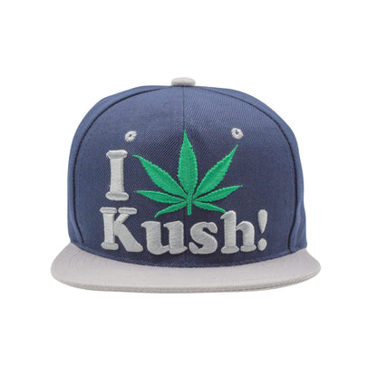 Dope snapback cap fashion item apparel I Love Weed wording beside a weed leef pot design in Blue and White