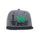Dope snapback cap fashion item apparel I Love Weed wording beside a weed leef pot design in Grey and Black