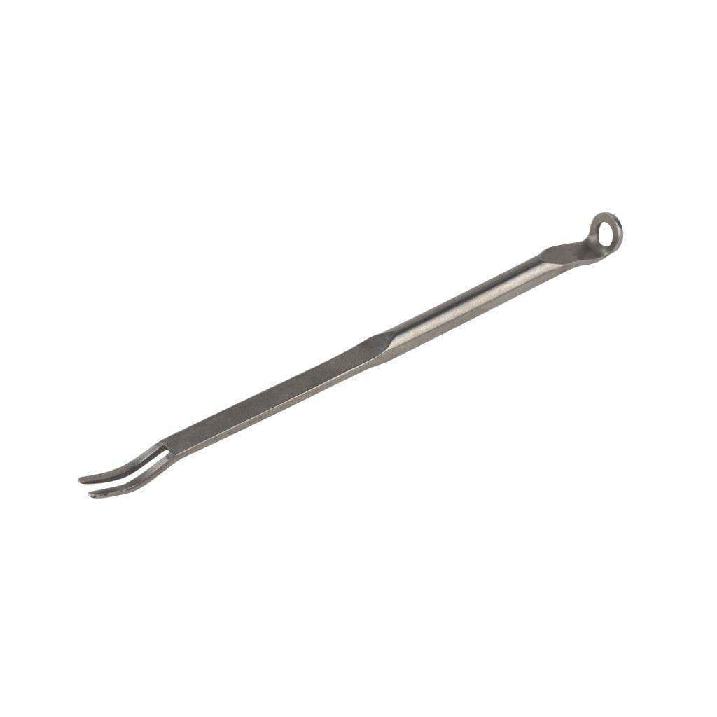 Plain metal dab tool smoking accessory dabber with a pointed end and a hole, cookie cutter-like feature made of steel