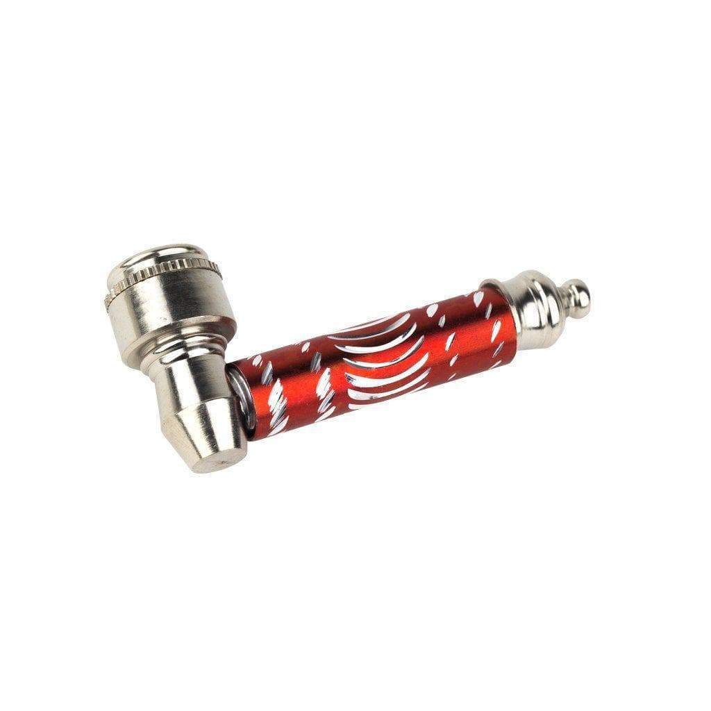 Red 2-inch compact small hammer-shaped metal hand pipe smoking device twist-off lid grippable engraved stem sleeve metallic