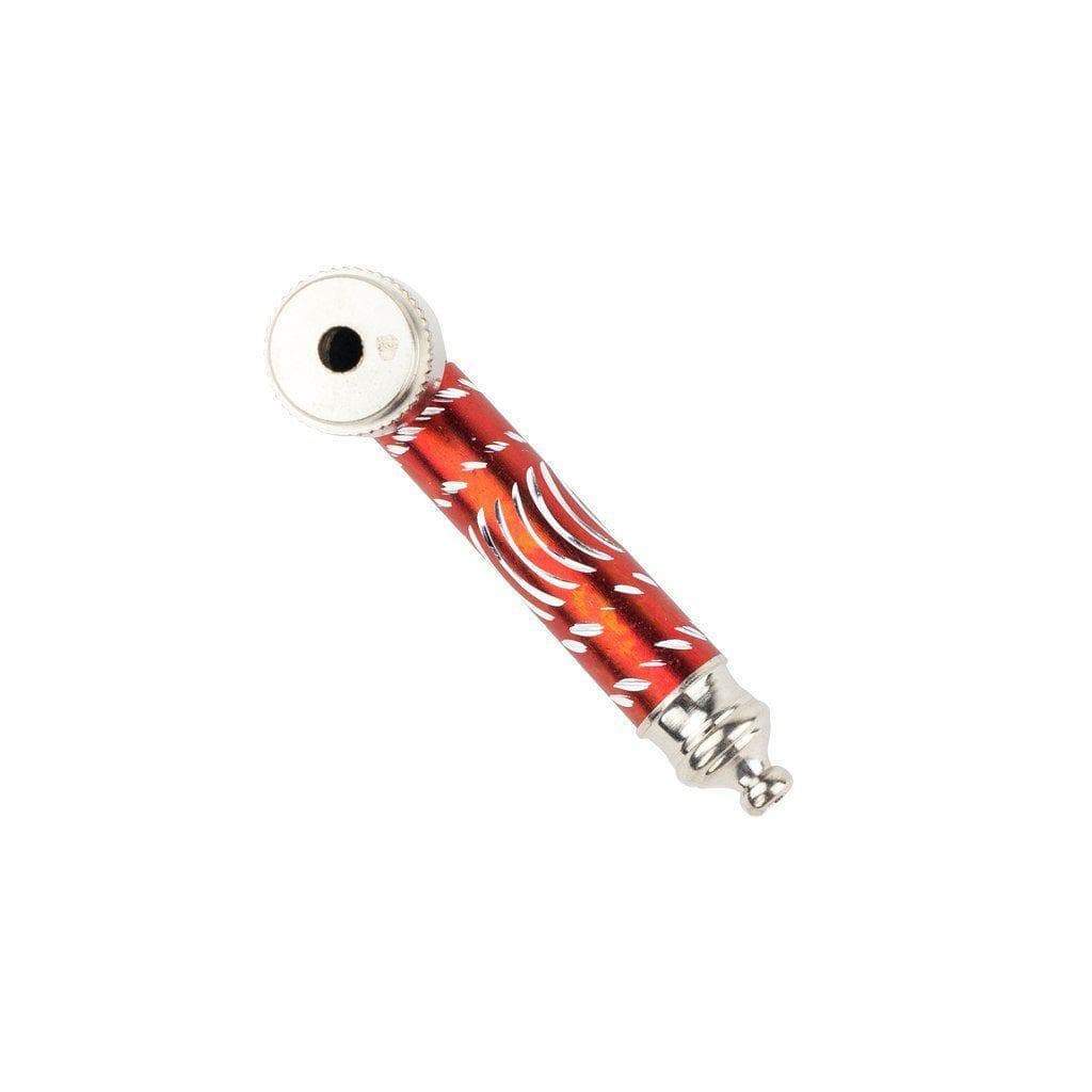 Red 2-inch compact small hammer-shaped metal hand pipe smoking device twist-off lid grippable engraved stem sleeve metallic