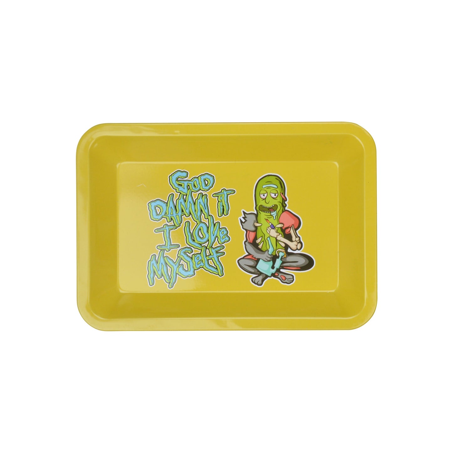 Top full shot of metal rolling tray with wacky Rick and Morty design I love myself word Rick smoking pot
