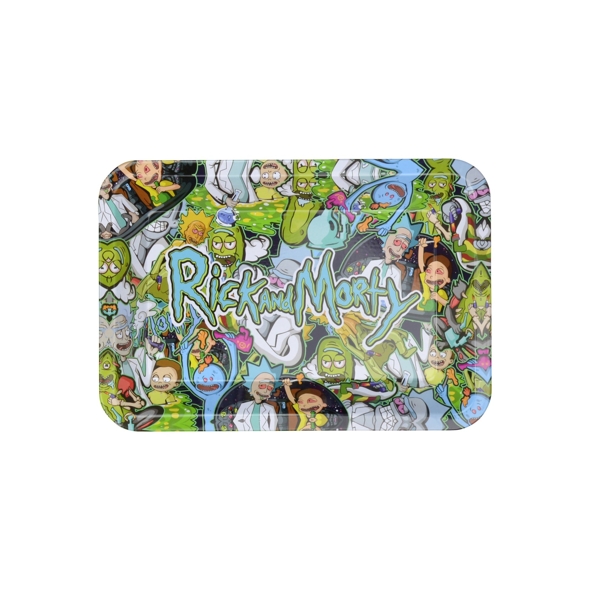 Top full shot of metal rolling tray with wacky green Rick and Morty word RnM characters smoking pot design