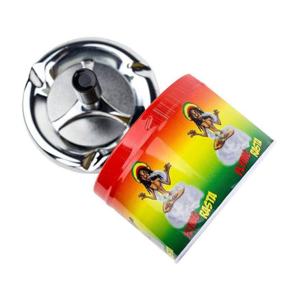 Metal ashtray smoking accessory lessens the odor feature with rasta man getting high design rasta reggae colors