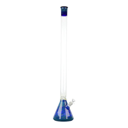 Full shot of huge 32 inch glass beaker bong with blue mouthpiece blue base bowl on right opening slightly visible