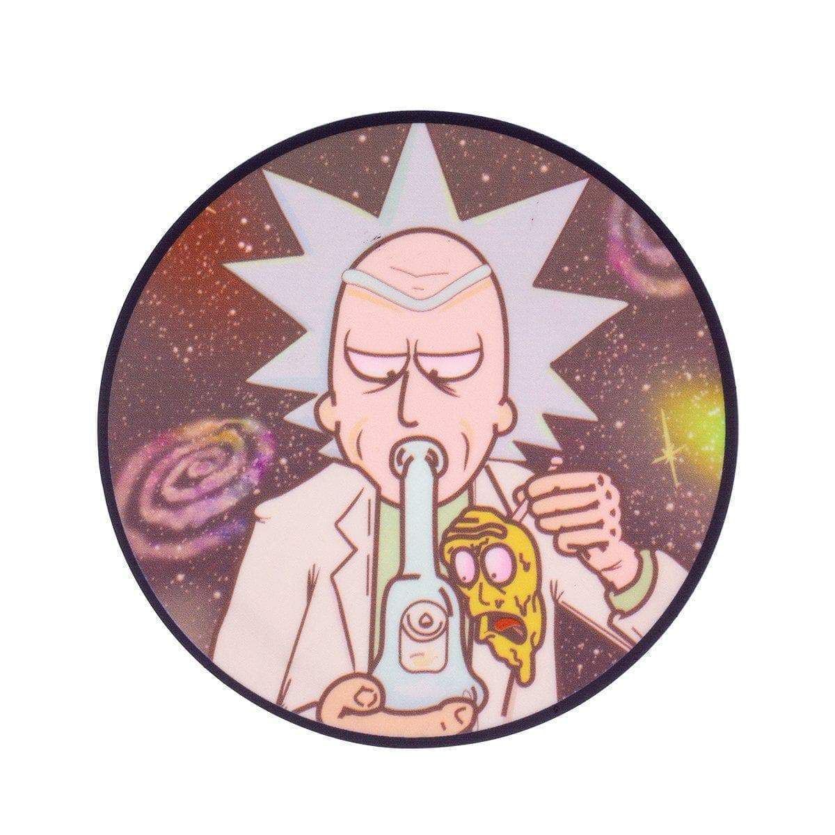 Small coaster style dab mat smoking accessory with intergalactic designs and Rick smoking bong funny design