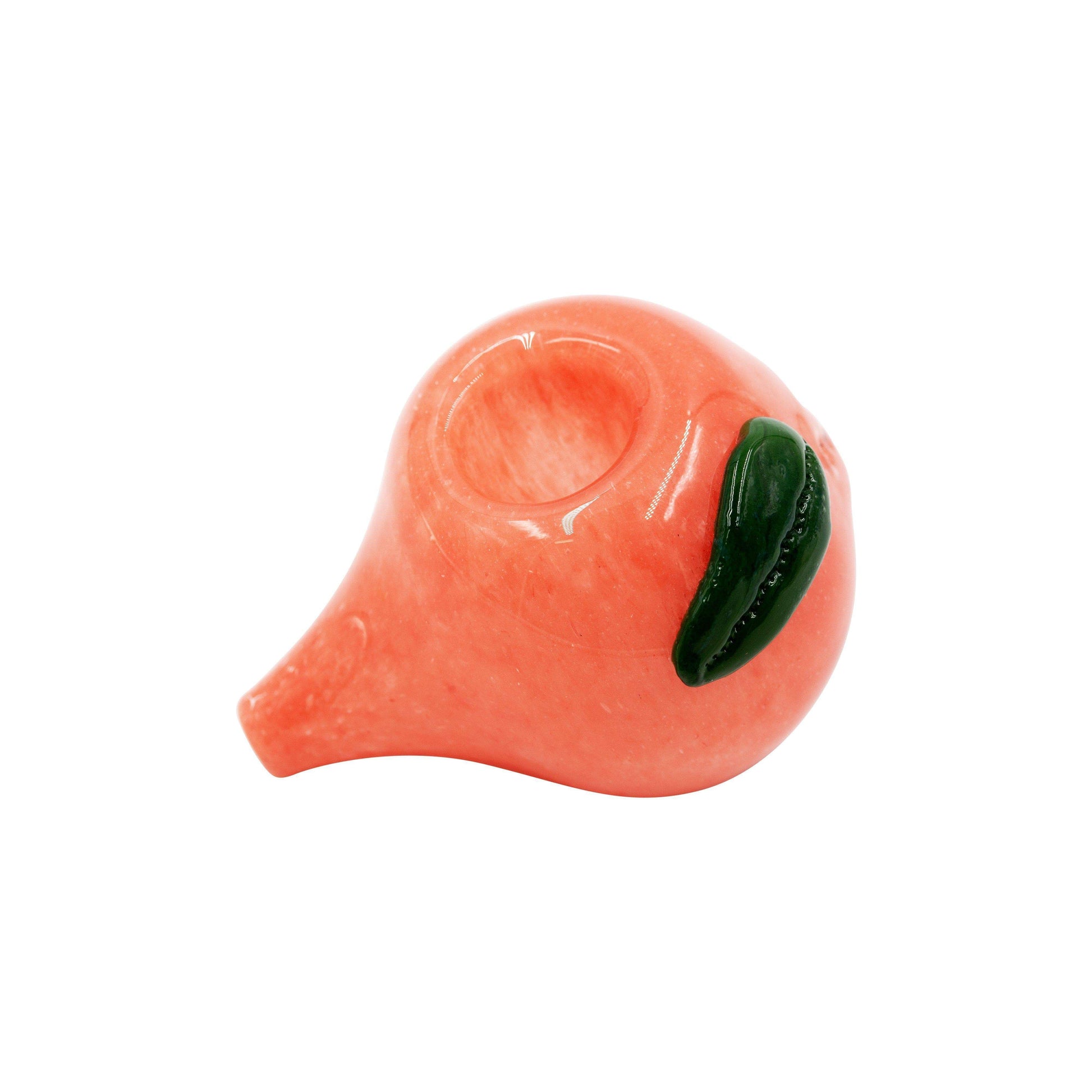 Cute discreet 3-inch short stem mini glass pipe smoking device with a peach fruit with 1 leaf design and shape
