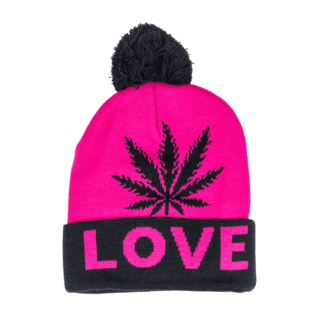 Beanie cap fashion item apparel with Weed Leaf love print and weed leaf design in classic and pink colors with pompom