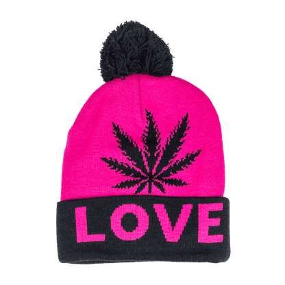 Beanie cap fashion item apparel with Weed Leaf love print and weed leaf design in classic and pink colors with pompom