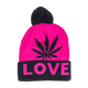 Beanie cap fashion item apparel with Weed Leaf love print and weed leaf design in classic and pink colors with pompom