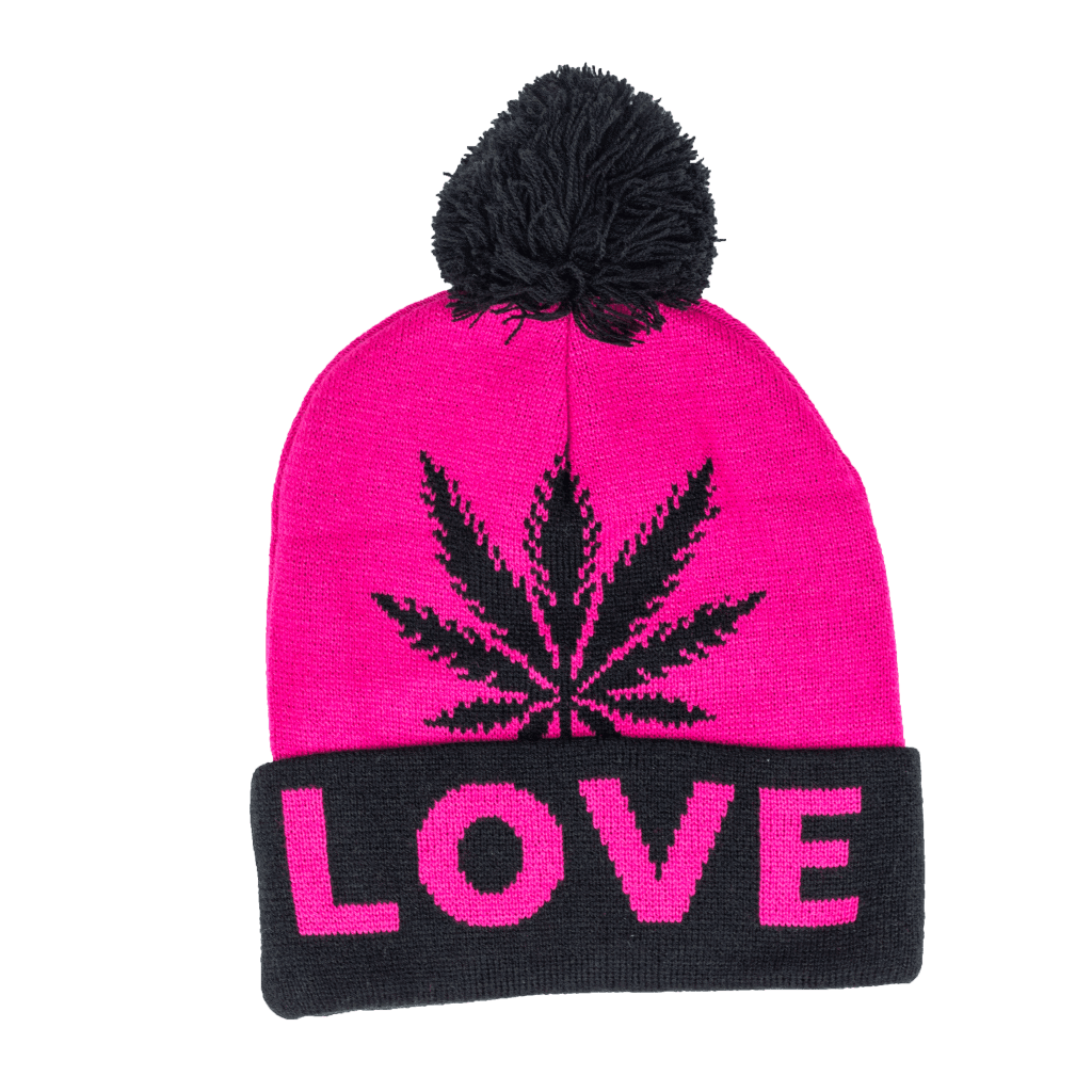 Beanie cap fashion item apparel with Weed Leaf love print and weed leaf design in classic and pink colors with pompom