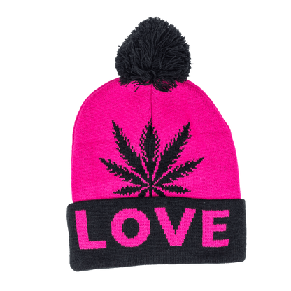 Beanie cap fashion item apparel with Weed Leaf love print and weed leaf design in classic and pink colors with pompom