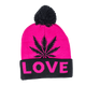 Beanie cap fashion item apparel with Weed Leaf love print and weed leaf design in classic and pink colors with pompom