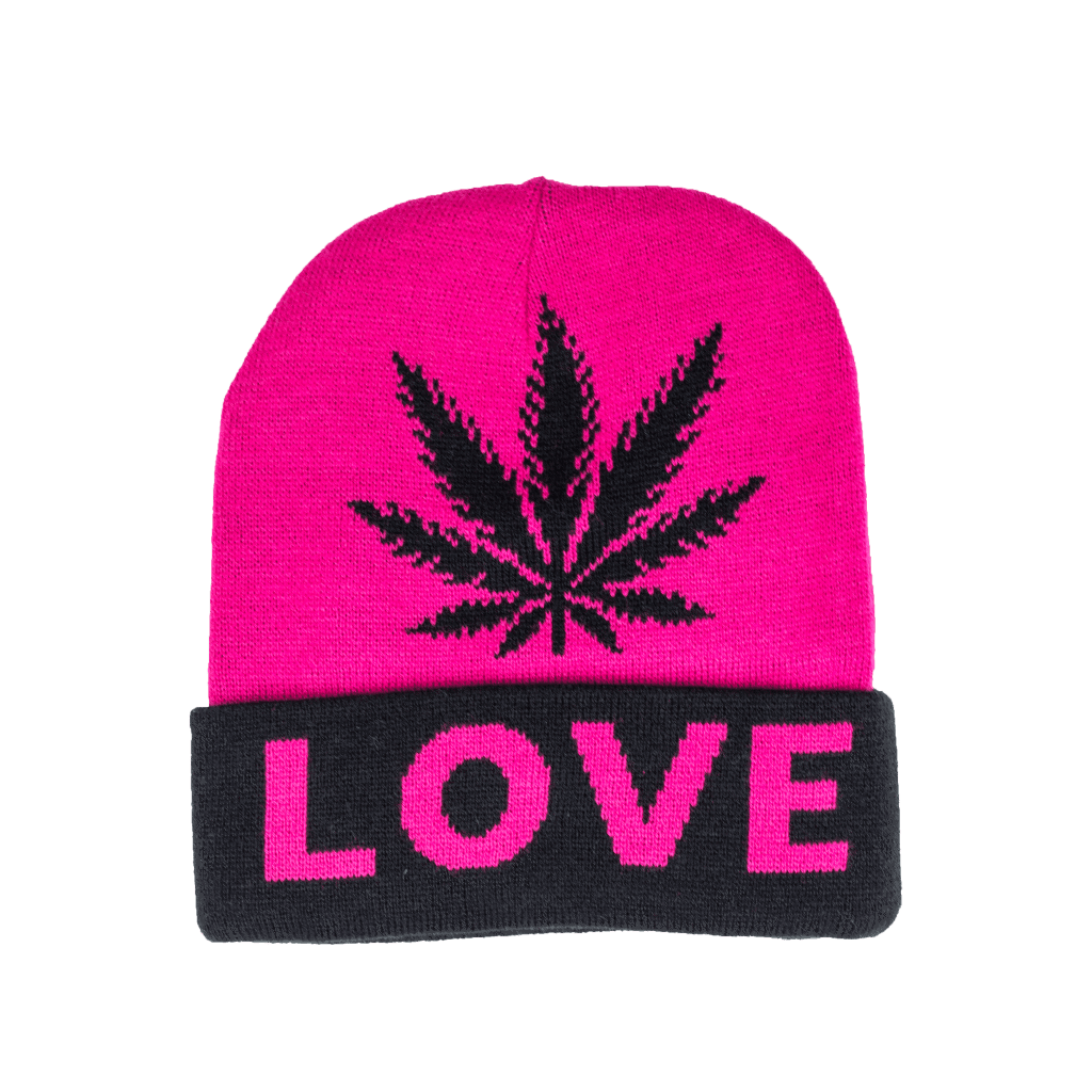 Beanie cap fashion item apparel with Weed Leaf love print and weed leaf design in classic and pink colors