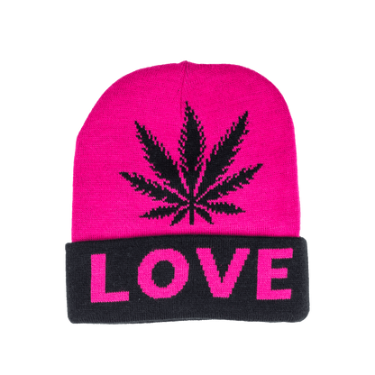 Beanie cap fashion item apparel with Weed Leaf love print and weed leaf design in classic and pink colors