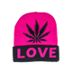 Beanie cap fashion item apparel with Weed Leaf love print and weed leaf design in classic and pink colors