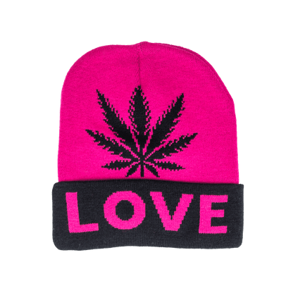 Beanie cap fashion item apparel with Weed Leaf love print and weed leaf design in classic and pink colors