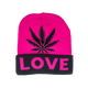 Beanie cap fashion item apparel with Weed Leaf love print and weed leaf design in classic and pink colors