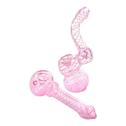 Set of pink smoking pieces 1 pink glass bubbler and 1 pink glass spoon pipe in cute swirling colors
