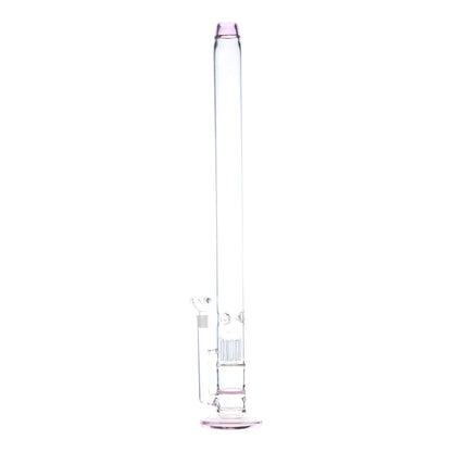 Full shot of straight glass bong smoking device with pink accents and bowl on left