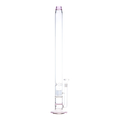 Full shot of straight glass bong smoking device with pink accents and bowl on right