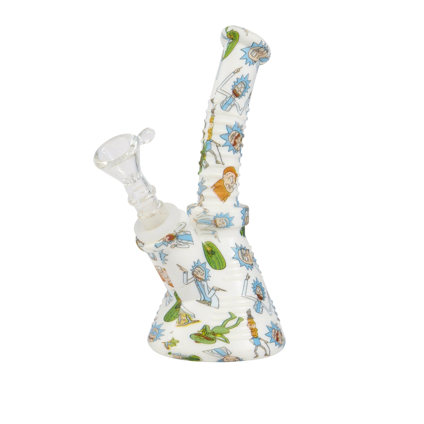 6-inch mini silicone bong smoking device textured ridges shatterproof with fun colorful RnM Rick and Morty prints all over
