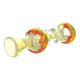 Full shot of rasta-themed glass oney smoking device in red, yellow and green color swirls mouthpiece slightly left